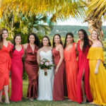 red yellow bridesmaids tropcial